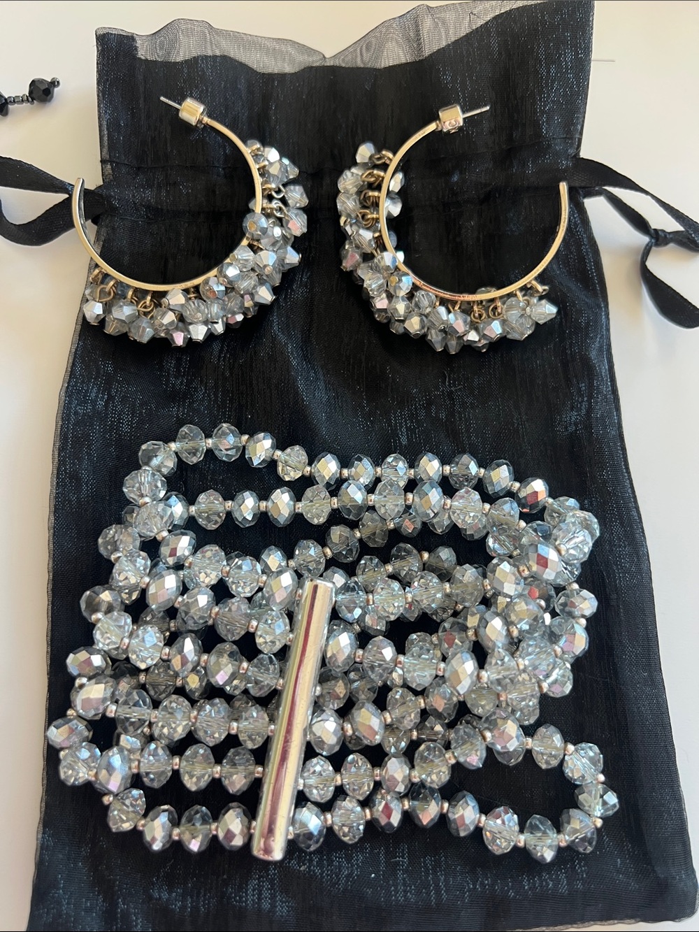 Silver Crystal Hoop Earrings & Multi-Strand Beaded Bracelet Set
